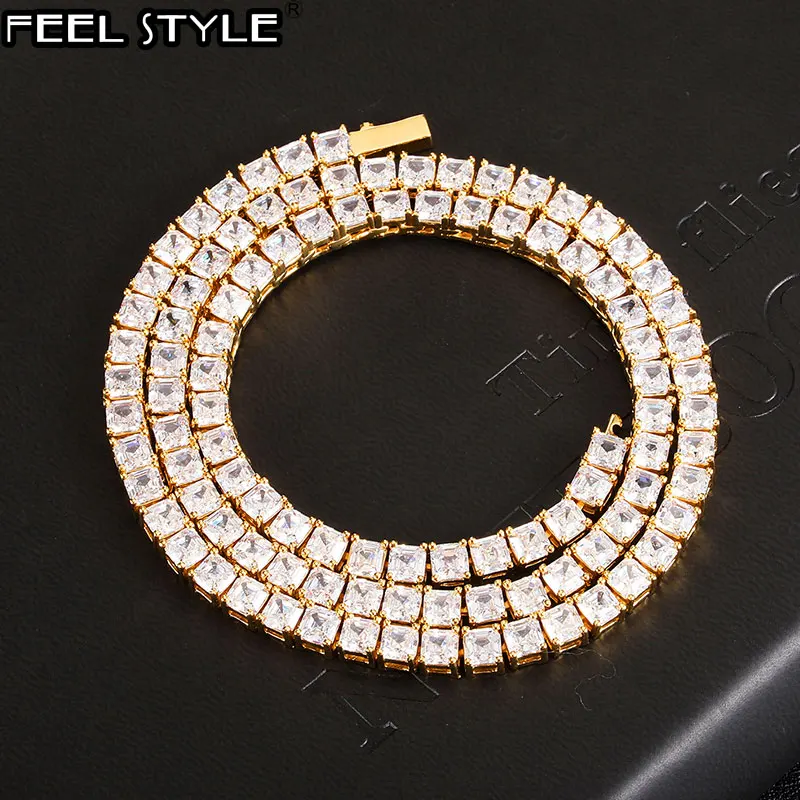 

Hip Hop Bling Iced Out Square Prong 5MM Tennis Chain CZ Copper AAA+ Cubic Zirconia Stones Necklace For Men Women Jewelry
