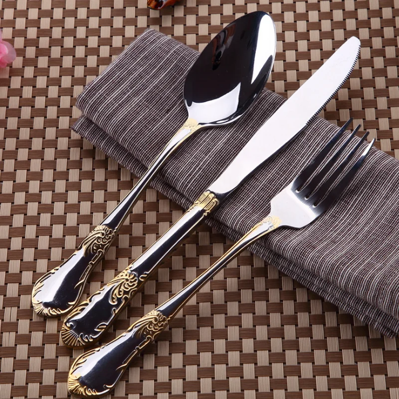 Позолоченный нож для стейка из нержавеющей стали вилка и ложка с цветочным