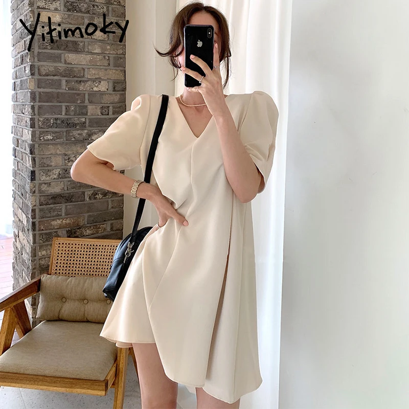 

Yitimoky High Waist Mini Dress for Women 2021 Puff Short Sleeve V-Neck Loose Unicolor A-LINE Summer Clothes Korean Fashion New