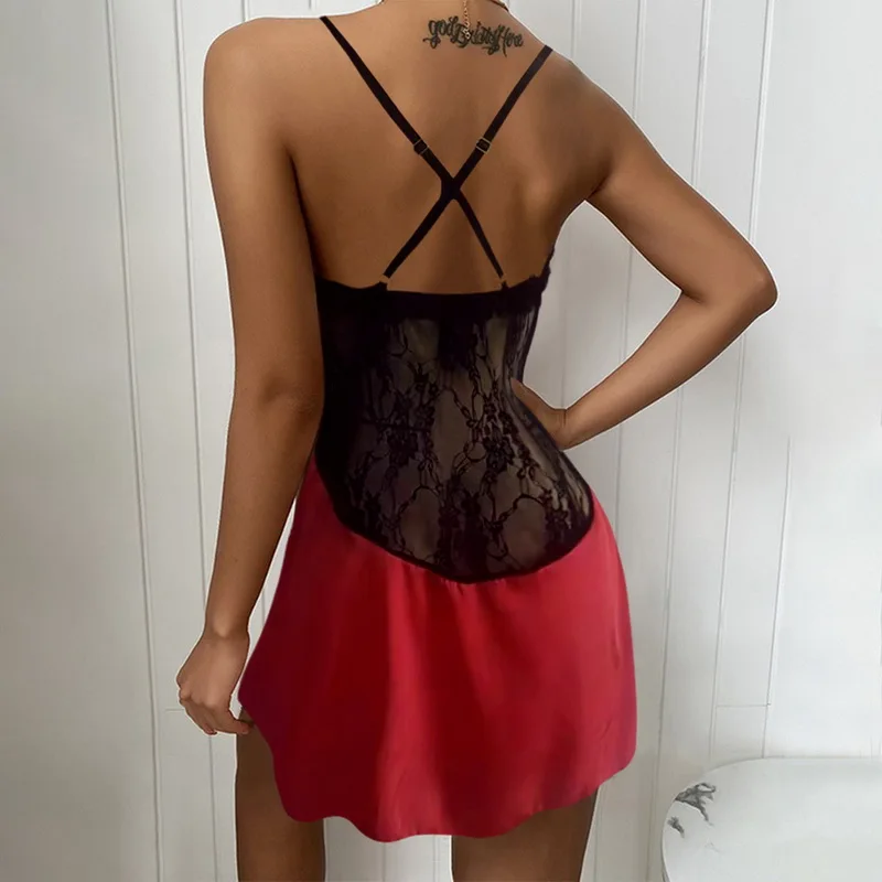 

2021 Women Nightgowns Sexy Lace Satin Sleepwear V-neck Nightdress Homewear Thin Backless Lounge Soft Nightwear