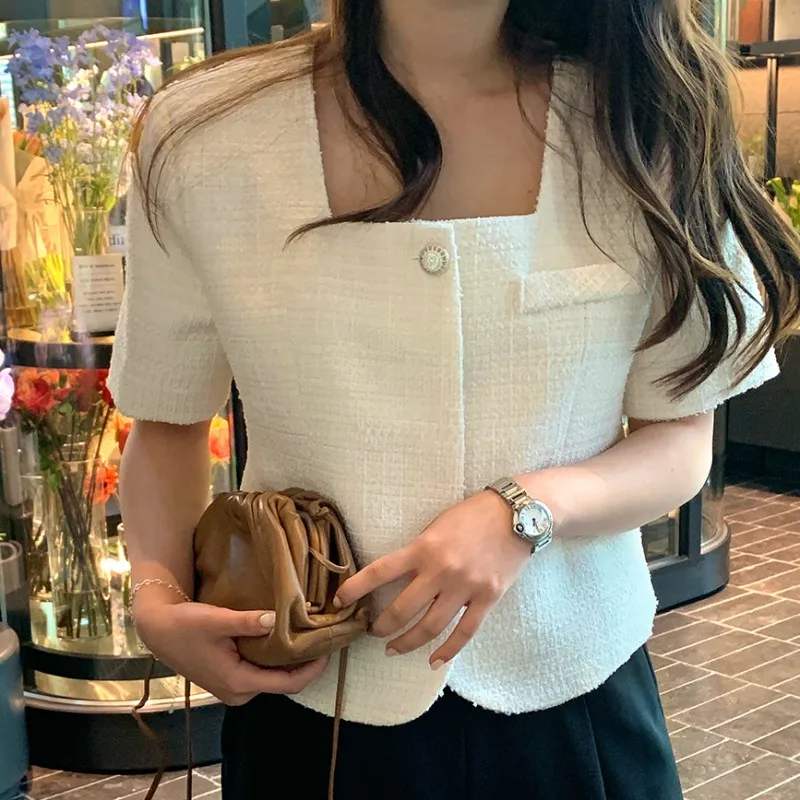 

Summer Coat for Women Elegant Suqare Collar Short Sleeve Jacket Korean Slim Short Jackets 2021 Clothing Female Outwear 1886#