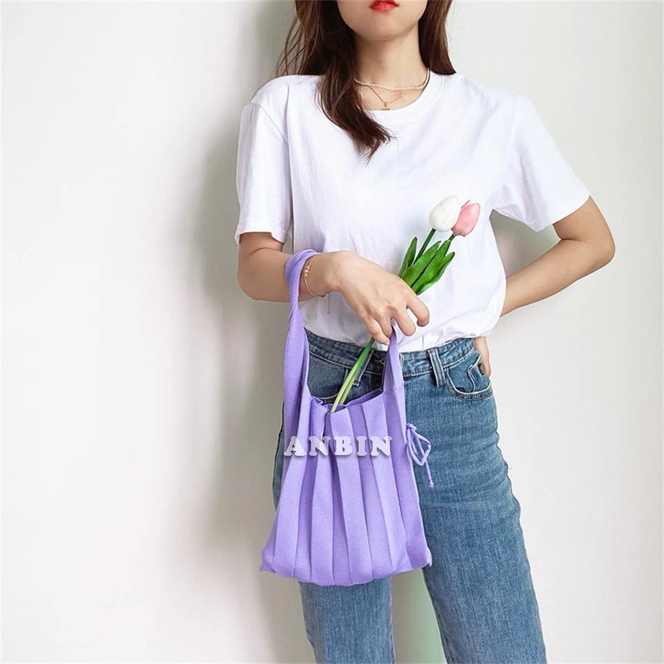 

Female Wool Knit Pleats Totes Solid Candy Color Organ Bags Chic Design Bow-Knot Korean Style Shoulder Shopper Handbag for Women