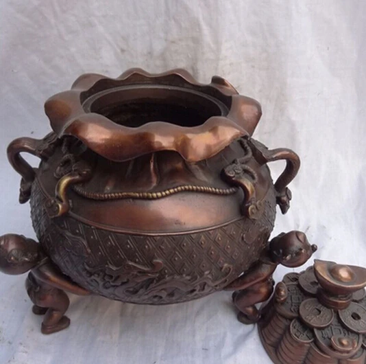 ---518+++10&quot Chinese Pure Bronze Dragon RuYi Coin Statue Kid Child Incense Burner Censer | Дом и сад