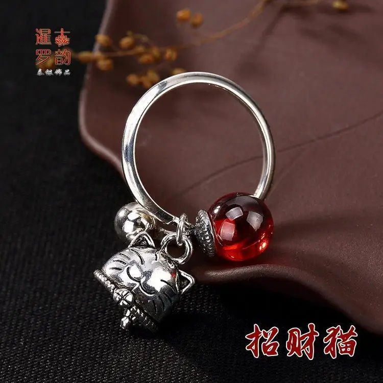 

New Meaning Lucky Sterling Silver S925 Vintage Thai Silver Lucky Cat Pomegranate Red round Beads Versatile Opening Ring Rings