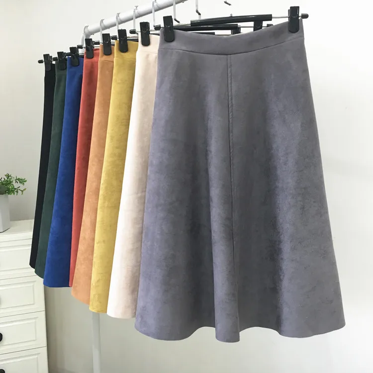 Осенне зимняя однотонная винтажная замшевая плиссированная юбка миди Женская