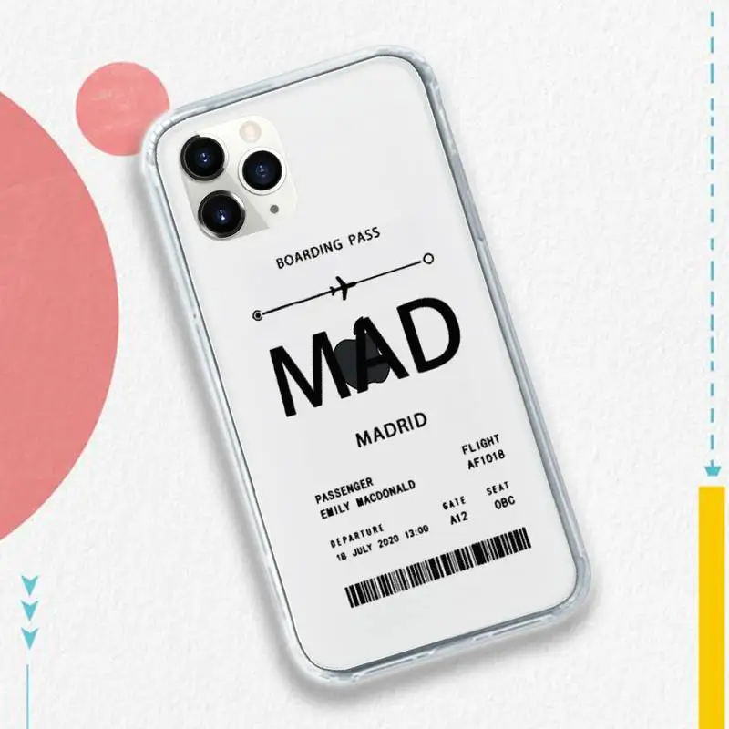 

Personalised Plane Ticket Coque Phone Cases Transparent soft For iphone 5 5s 5c se 6 6s 7 8 11 12 plus mini x xs xr pro max