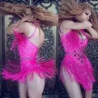 5 colors sparkly rhinestone tassel bodysuit nightclub dance ds show stage wear stretch party outfit female singer dance costume