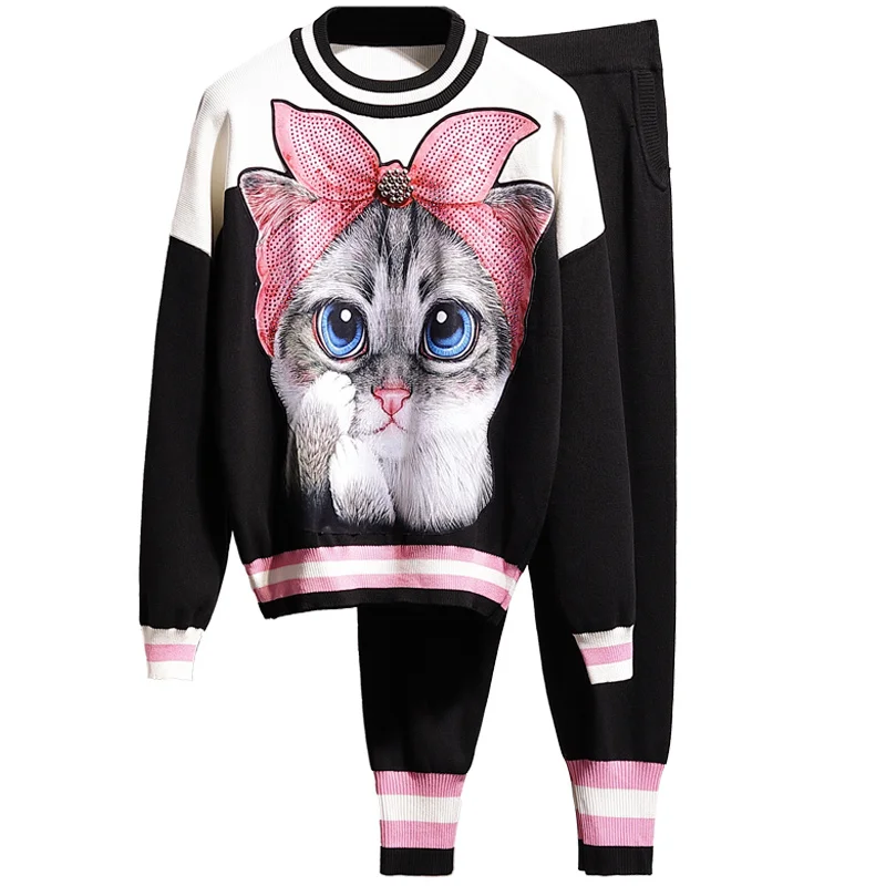 Women Sweater 2 Piece Sets Chic Knit Bead Cartoon Cat Print Pullovers Top + Spring Harem Pants Sport Tracksuits Black