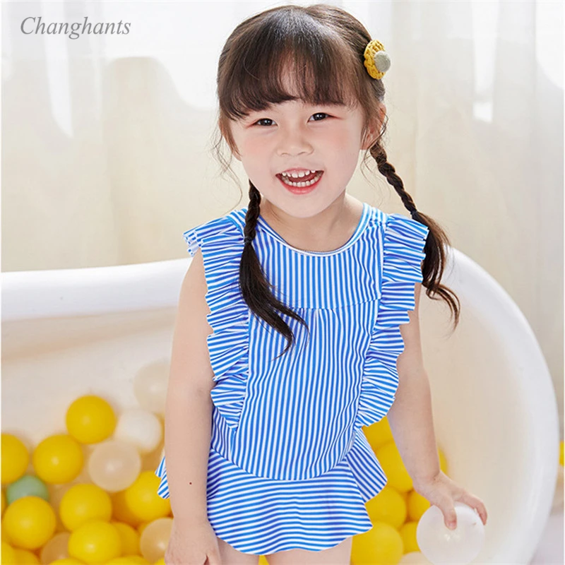 

Baby One Piece Swimsuit Kids Bathing Suits Girls Swimwear with Blue Pink Striped 1-12 Y Children Sandy Beachwear