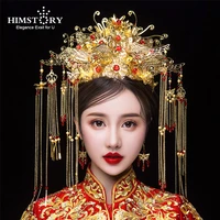 himstory classical chinese wedding phoenix queen coronet crown brides gold hair jewelry accessories tassel wedding hairwear