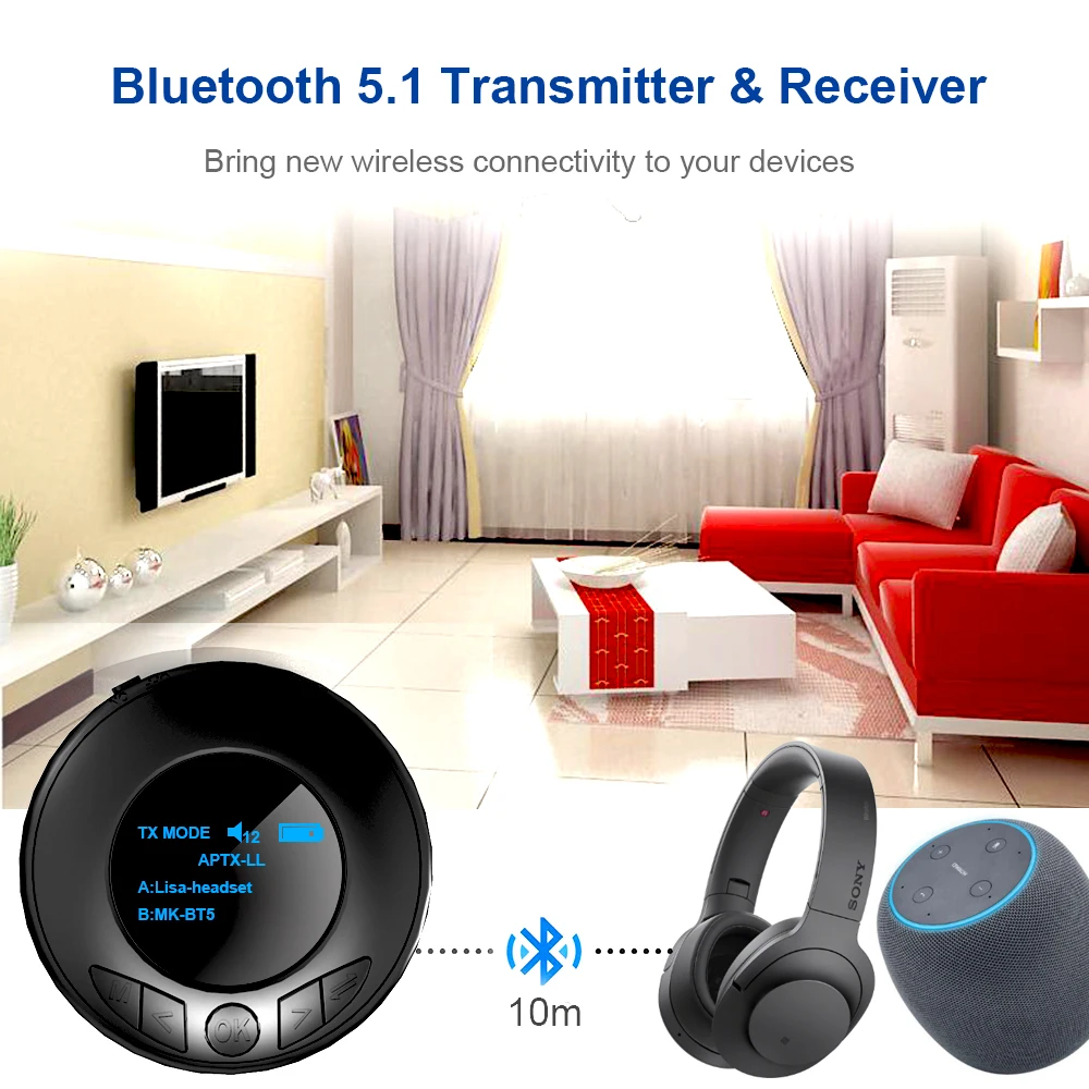 

Bluetooth 5.0 Aptx LL Low Latency Transmitter Receiver Wireless 3.5mm AUX RCA Stereo Adapter with Visible OLED Screen for TV PC