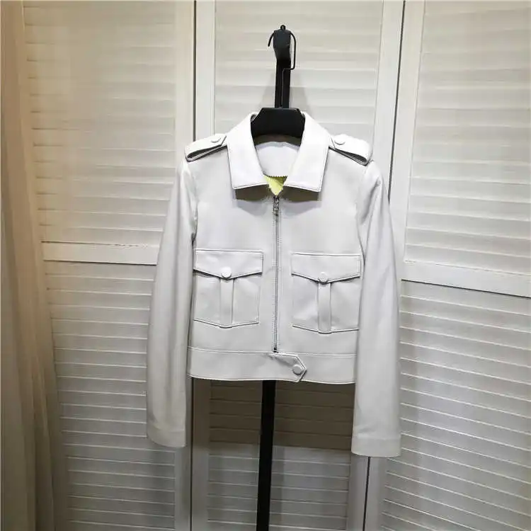

Euopen Spring Style 2021 Women's White leather jackets High quality genuine leather pockets short Coat C395