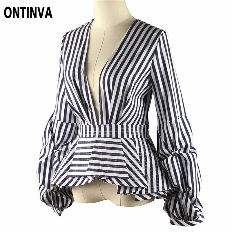 Сексуальный глубокий v образный вырез синий полосатый Blusas 5XL размера плюс женский