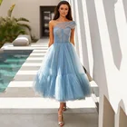 Женское короткое платье на одно плечо, синее Плиссированное вечернее платье до середины икры, платье для выпускного вечера, 2021