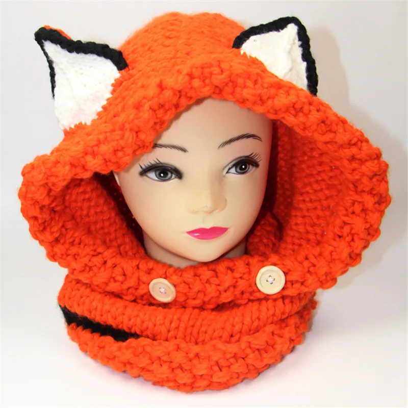 Winter Children Caps Cartoon Fox Knitted Hats For Girls Shawl Baby Photography Props Warm Neck Wrap Kitten Scarf Boys | Детская одежда