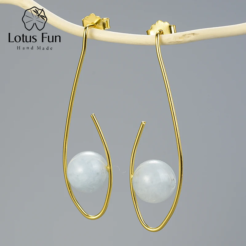 Aquamarine Gold Lotus Fun Настоящее серебро 925 проба Натуральный камень Креативный дизайнер Ювелирное Украшение с драгоценным камнем яркие глаза Висячие серьги для женщин - Цвет камня: Aquamarine Gold