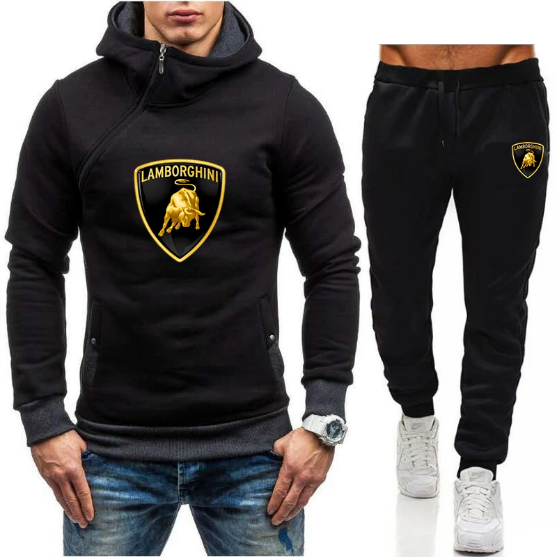 

LAMBORGHINI Men's Suit Oblique Zipper Spring And Autumn Plush Hoodie + Pants Suit Sports And Leisure Men's Street Hooded Suit