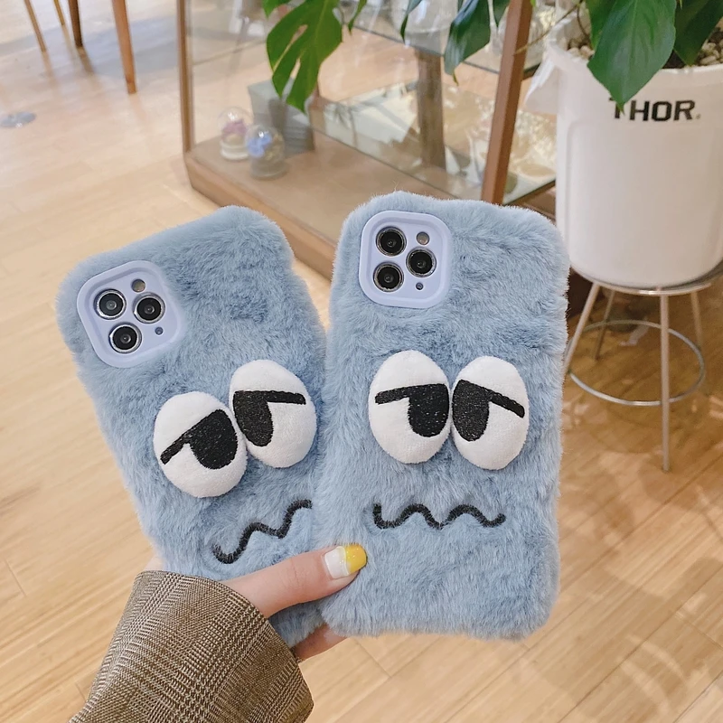 

3D Gray Angry Cute Furry Soft Phone Case For iPhone 13 Pro Max 12 11 Pro Max X Xs Max Xr 7 8 Puls Cases Hairy Warm Plush Cover