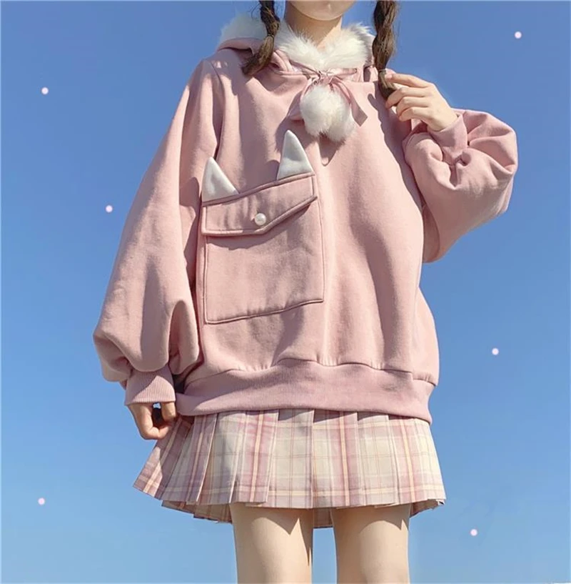 

Bunny Ears Hoodies Women Fall Bunny Jacket Japanese Sweets Kawaii Rabbit Ears Pink Hoodie For Girls Egirl Harajuku Girls