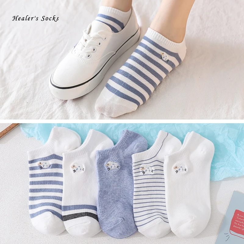 

New Striped Fashion Women Socks Cotton Color Sheep Embroidery Harajuku Happy Funny Cute Casual College Style Girls Short Socks