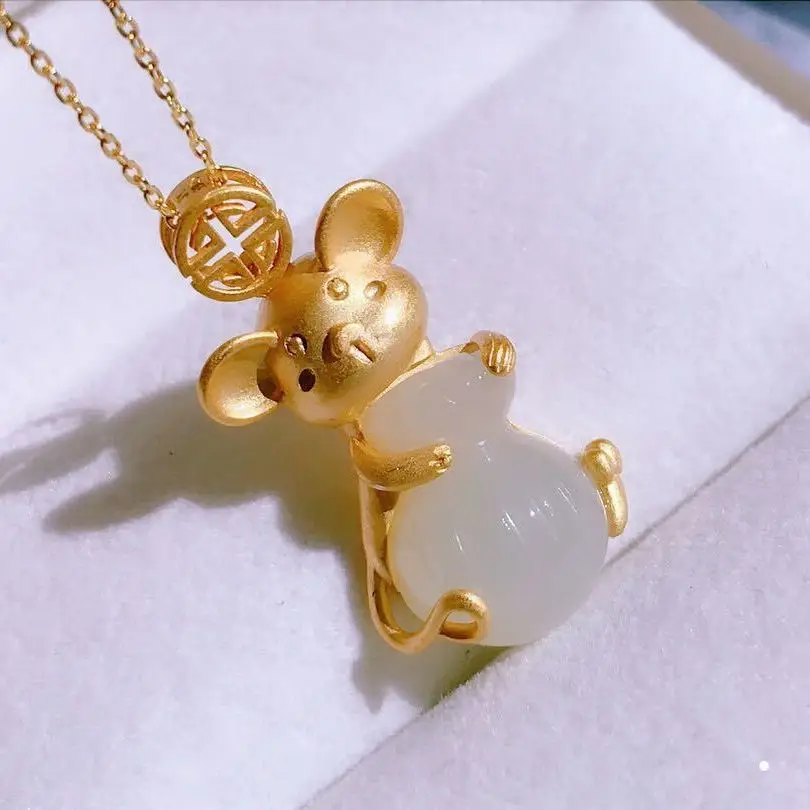 

S925 Sterling Silver Gilding Little Mouse Pendant Female Inlaid Natural Hetian Jade Purse Full of Wealth Lucky Pendant