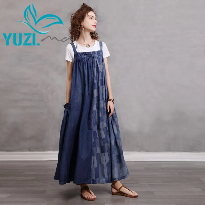 Summer Dress 2021 Yuzi.may Boho New Denim Women Dresses Loose Patchwork Color Blocks Big Pockets Suspender Vestidos A82323