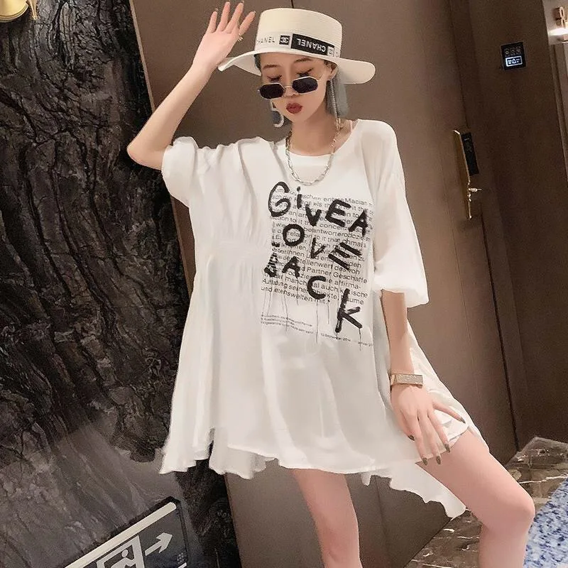 

Женская Асимметричная блузка с рукавами-фонариками и надписью