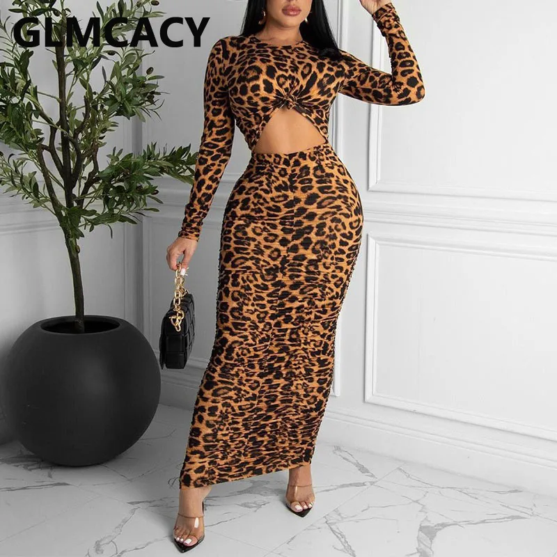 Women Long Sleeve Leopard Cut Out Maxi Dress Elegant Evening Party Bodycon Long Dress Vestidos