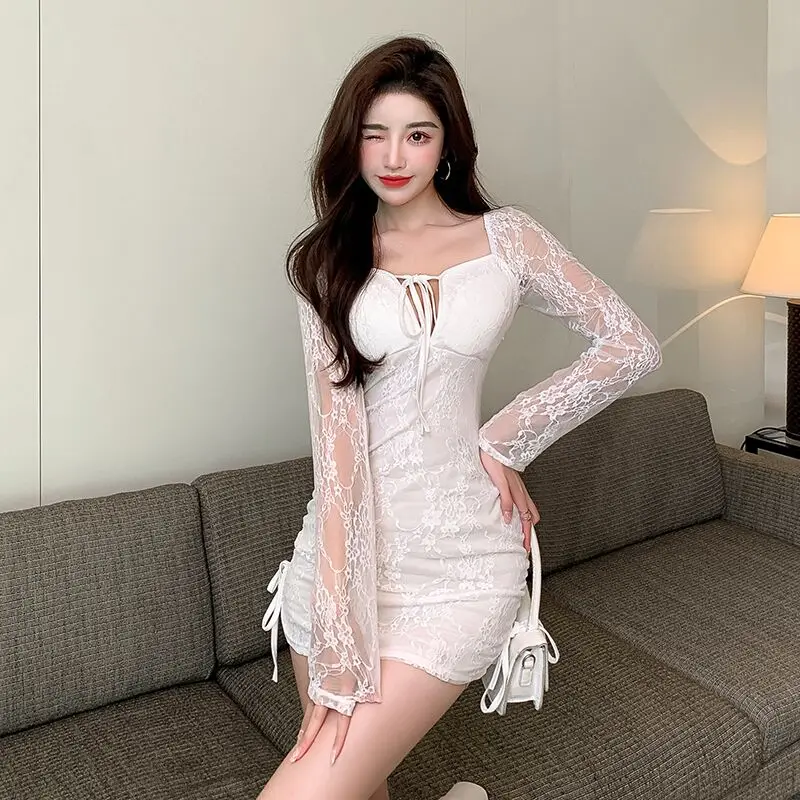 

Sexy Square Collar Bandage Deep V Lace Dress Women Korean Slim Hip Wrap Drawstring Ladies Short Party Dresses Female Vestidos
