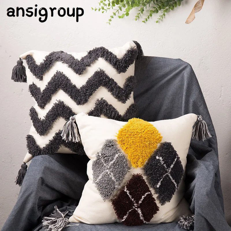 

Geometric Tassels Cushion Cover Moroccan Style Tuft Woven Pillowcase White Black Pillow Cover Home Sofa Decoration 45x45cm