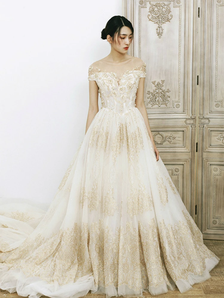 свадебное платье 2020 Customized Champagne Wedding Dress Appliques With Pearls Bridal Gown Cathedral Tail Vestidos de Novia |