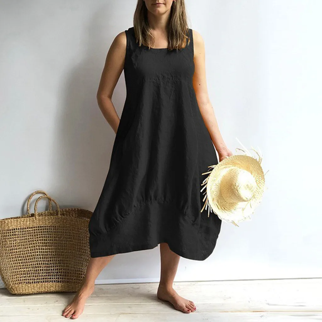 

Women Casual Wear O-neckline Solid Color Dress Sleeveless Loose Pocket Dresses High Quality Leg Skirt Holiday Tourism Sukienki