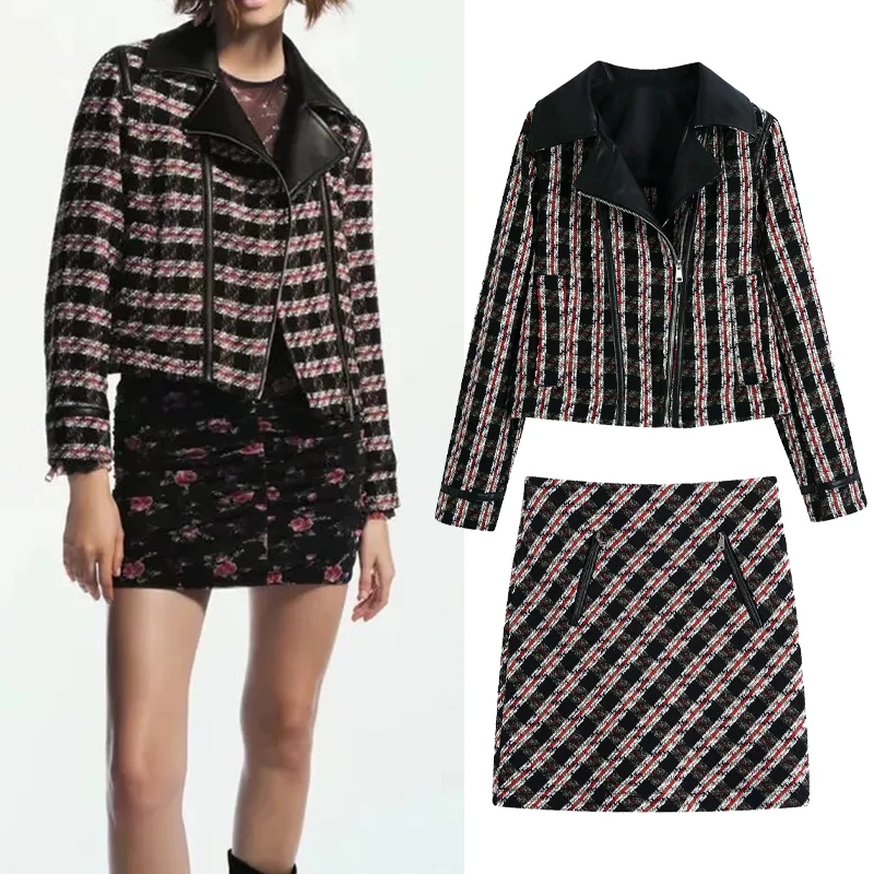 

Za Women suit 2021 Fashion Contrast Faux Leather Tweed Jacket Coat Vintage Plaid Textured Mini Skirt Set Female Outerwear sets