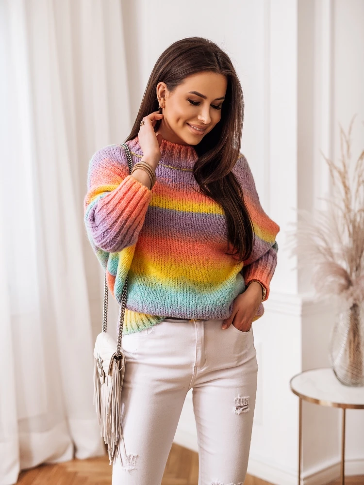 

Casual O Neck Long Sleeve Patchwork Women Sweater Elastic Gradient Blue Streetwear Female Pullovers Autumn Winter Fashion Tops