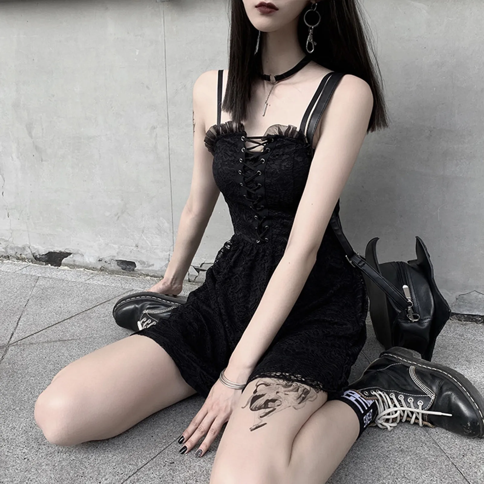 

Fall Dress Punk Party Harajuku Party Dress Women Black Sheath Lace Splice Camisole Sling Dresses For Women Vestidos Mujer Verano
