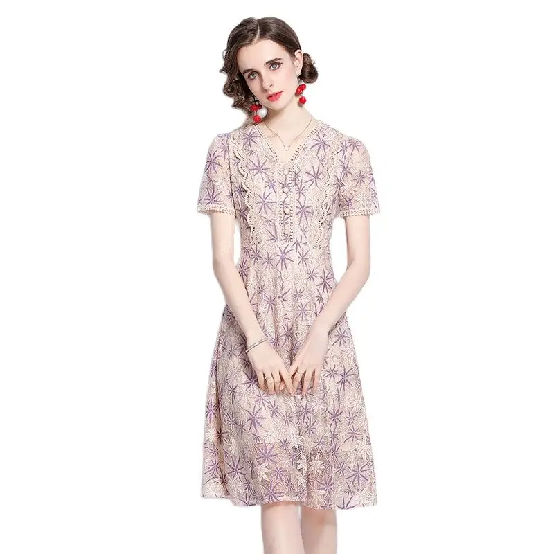 

Temperament Lace Dress Women Short Sleeved V Neck Slim Printed Button Mid Length Clothing