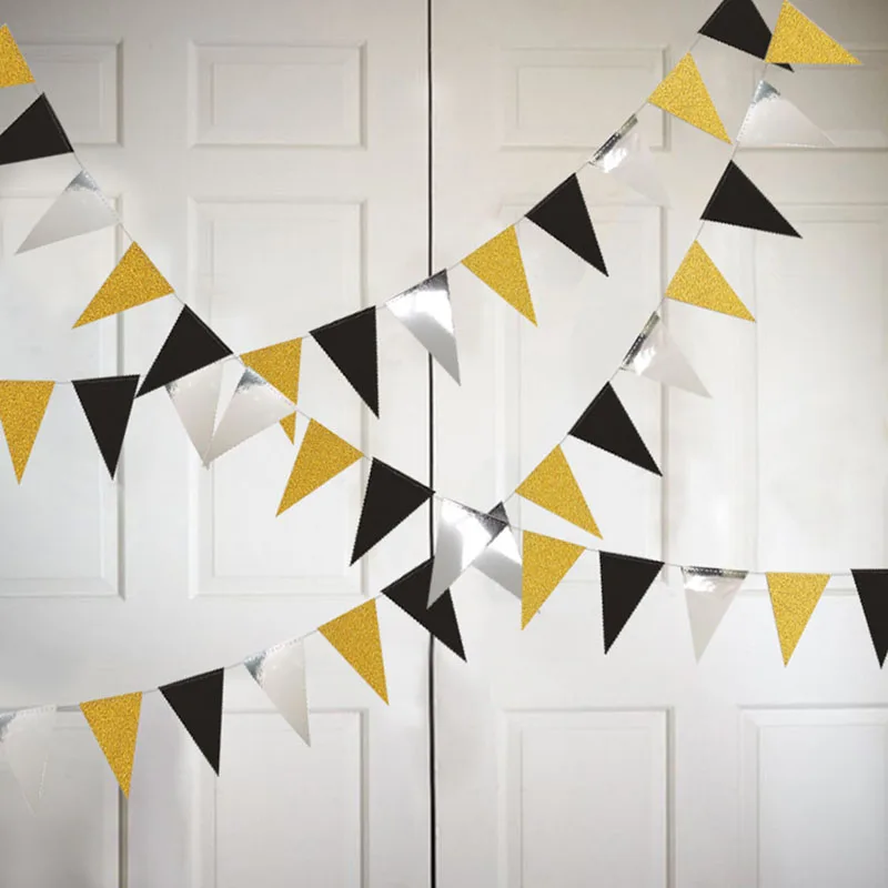 5 Meters Black Gold Paper Flags Banner Paper Garland Pennant for New Year Wedding Baby Shower Birthday Garden Tent Decorations