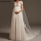 Аппликация из белого кружева свадебные платья 2020 V-образным вырезом для беременных женщин тюлевые Свадебные платья пляжное платье с длинным шлейфом размера плюс