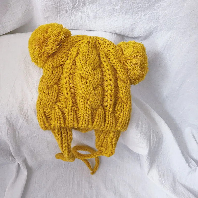 Yellow Теплые зимние детские шапочки, милый вязаный шарик-помпон, Детская шапка-ушанка для От 0 до 2 лет мальчиков и девочек, зимне наушники шапка S9899 - Цвет: Yellow