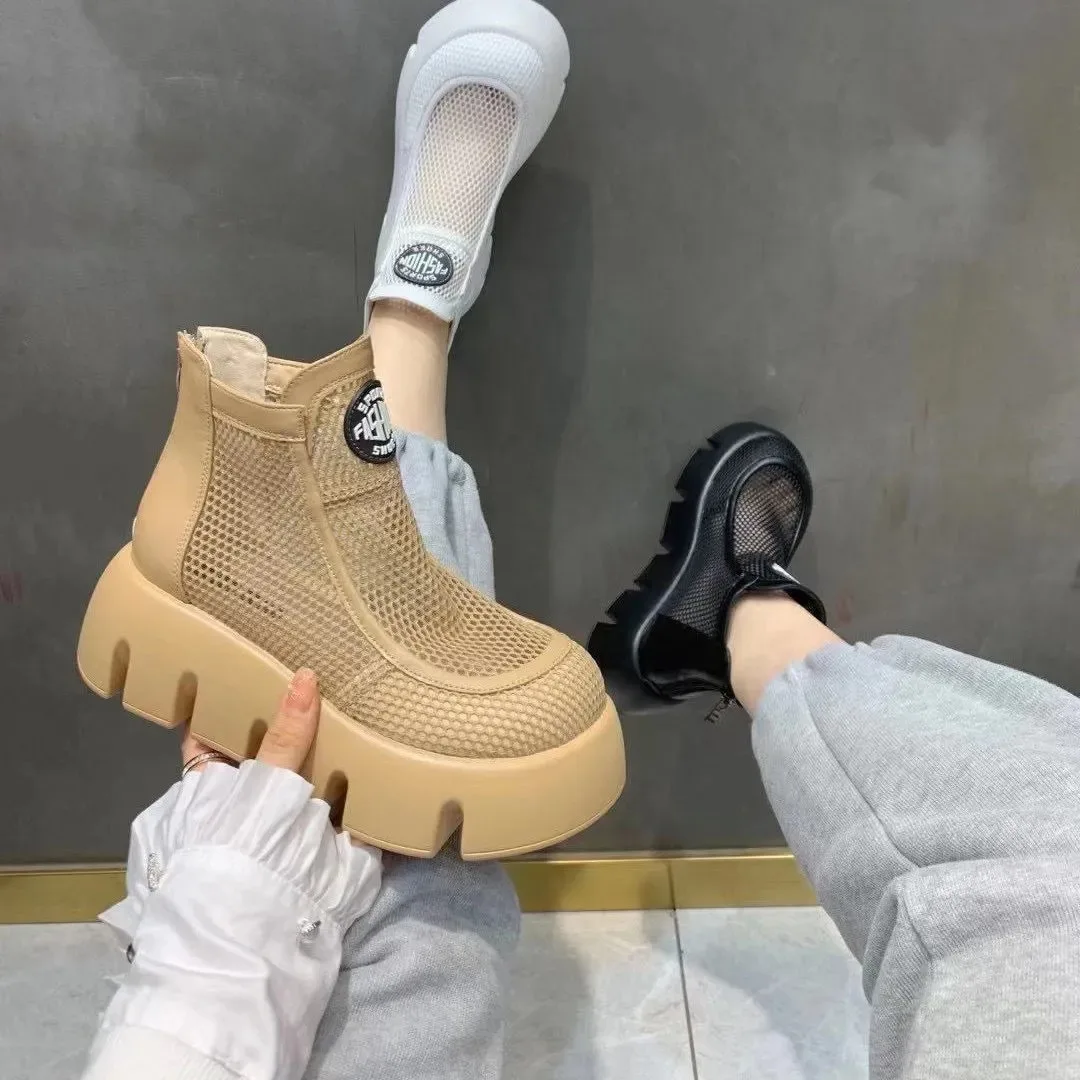 Женские сетчатые ботильоны черные или бежевые повседневные ботинки на плоской