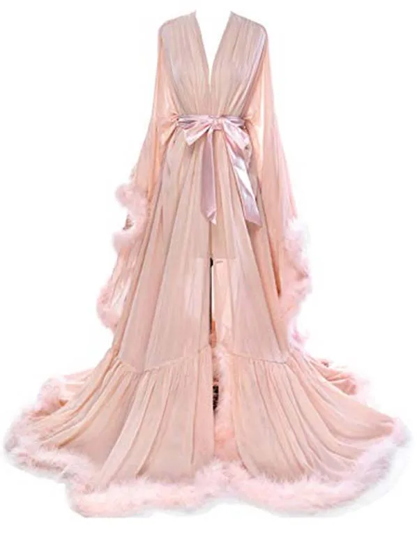 Women's Sexy Feather Bridal Nightgown Long Wedding Scarf Illusion Bathrobe Lingerie Nightgown