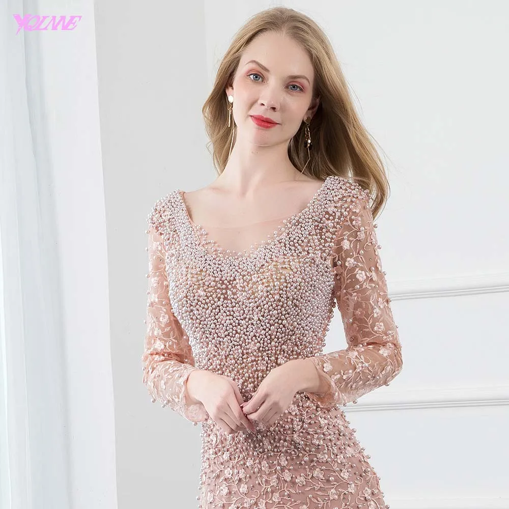 YQLNNE пыльно розовый кружево вышитое длинное вечернее платье длинный рукав Жемчуг