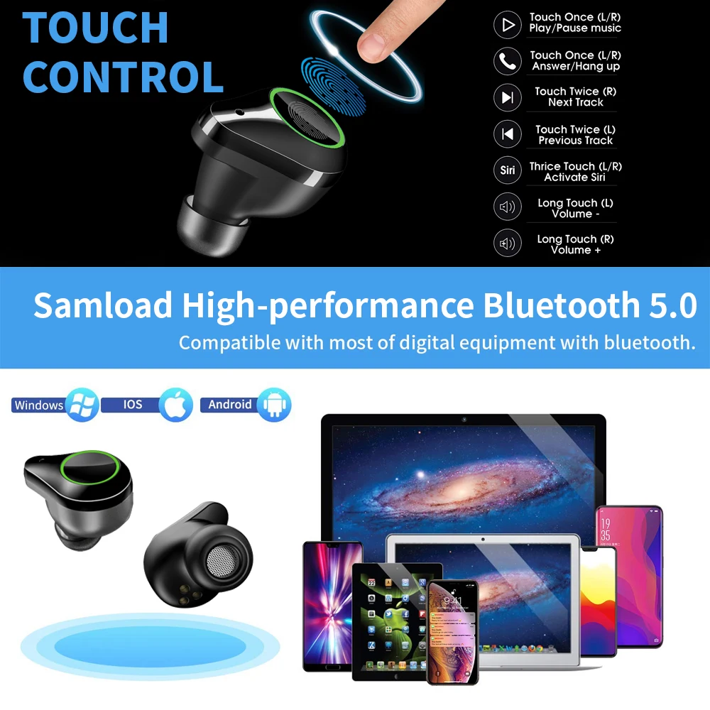 Nasin 5,0 TWS Bluetooth гарнитуры 9D стерео HiFi беспроводные наушники IPX7 водонепроницаемые 7000 мач зарядные устройства с Micropho для Xiaomi