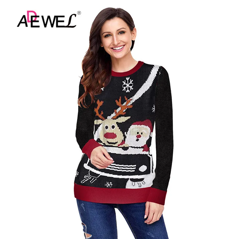 ADEWEL Reindeer Santa Clause Cartoon Print Ugly Christmas Sweater Funny Pullover Warm Knitted Womens Sweaters Tops Red Black | Женская