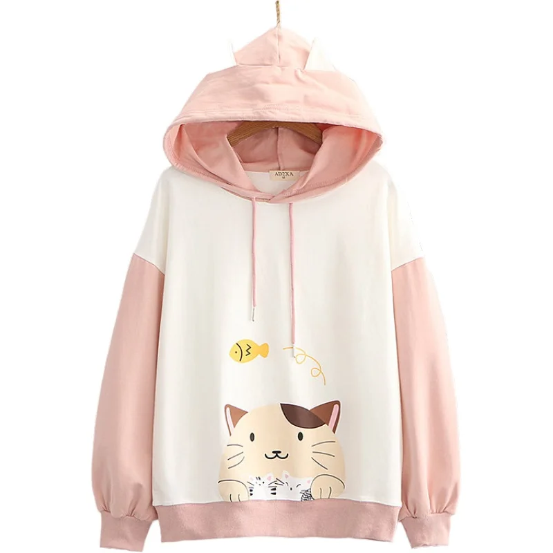 

Женская толстовка с капюшоном Harajuku, с рисунком кота, Kawaii, толстовки, пуловер, осень 2020, длинный рукав, милый стиль, женские спортивные костюмы