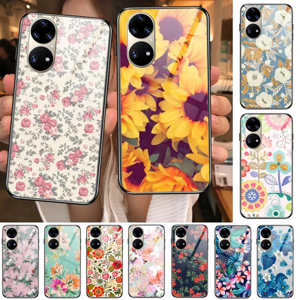 

Floral Beautiful Flowers Rose Sunflower Tempered Glass Phone Case Casev For Huawei P40 Pro lite 5G P30 P Smart Z 2019 P10 Lite P