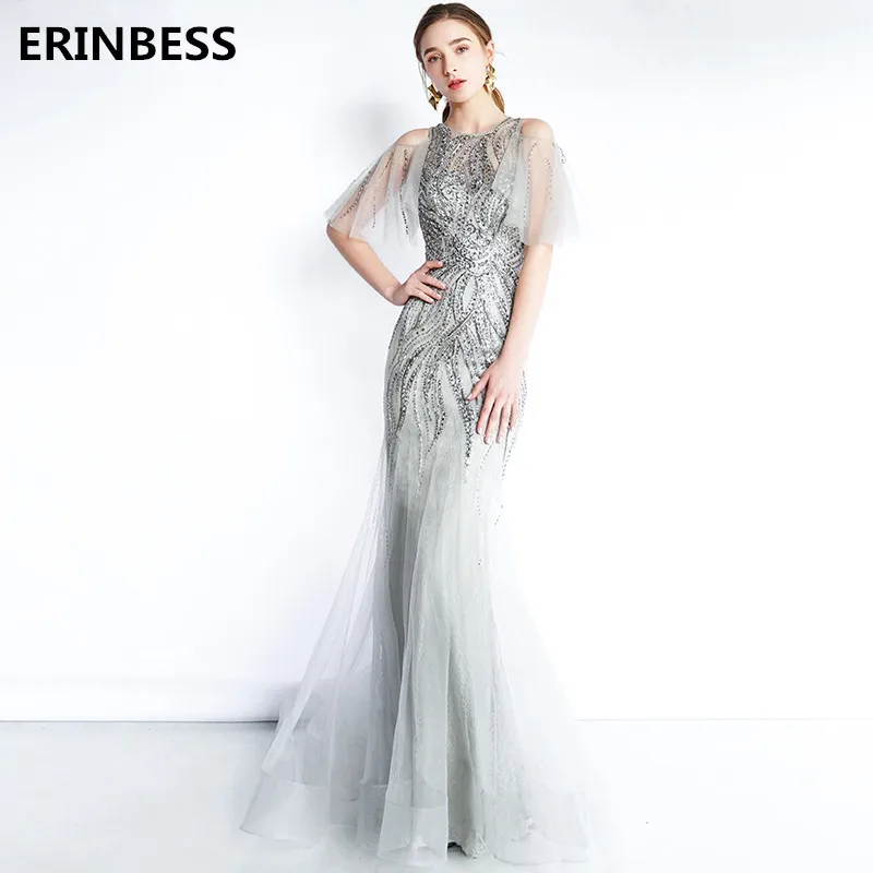vestido de festa серые Выпускные платья длинное платье круглый вырез короткий рукав вечерние платья Женская официальная Хрустальная Русалочка платья для выпускного вечера