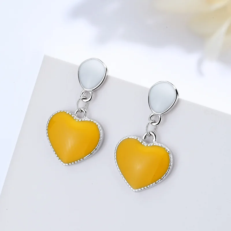 

925 Sterling Silver Heart Shape Female Drop Stud Earrings Sweet Graceful Mori Earrings Epoxy Ear Drops Earrings for Womens Girls