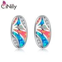 cinily rainbow fire opal long stud earrings silver plated cz crystal oval earring white blue pink stone ethnic tribe jewelry