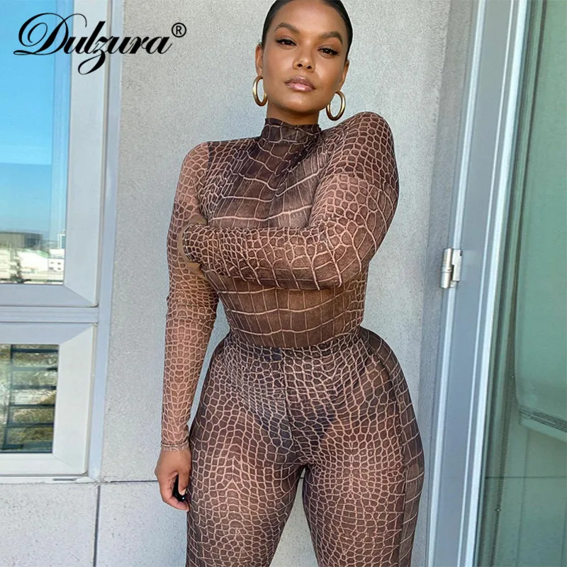 

Dulzura snake print women mesh two piece bodysuit and leggings set sheer see through long sleeve bodycon sexy autumn winter club